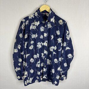 Vintage Von Parker Men M Floral Button Front Shirt  Blue Long Sleeve 70s Disco